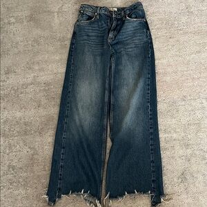 We The Free Dark Blue Frayed Wide-Leg Jeans